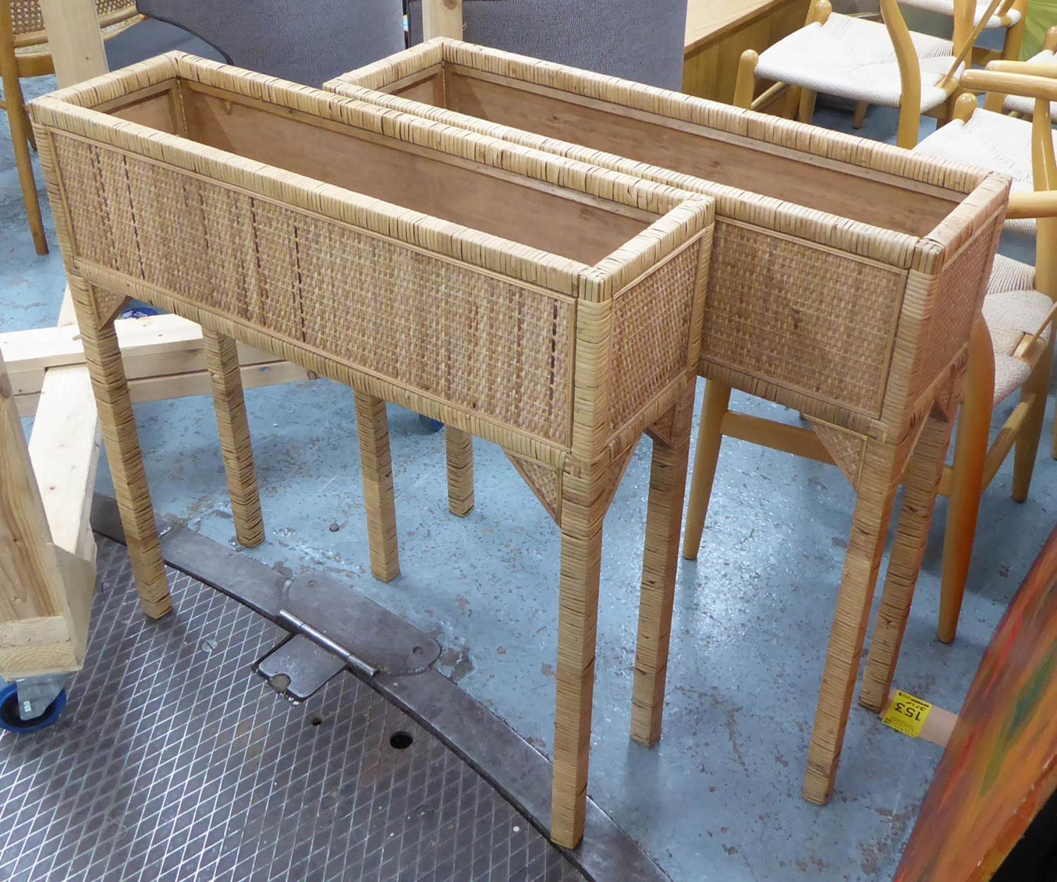 RATTAN AND BAMBOO PLANTERS, a pair, 78cm x 23cm x 80cm. (2)