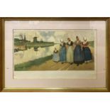 HENRI CASSIERS (1858-1944) 'Women at a Canal Side', lithograph, 25cm x 42cm, framed.