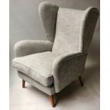 HOWARD KEITH ARMCHAIR, 1950's lounge chair newly upholstered in oatmeal soft tweed with splay