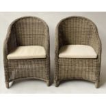 RATTAN ORANGERY ARMCHAIRS, a pair, natural grey woven rattan, with arched backs and cushions, 56cm