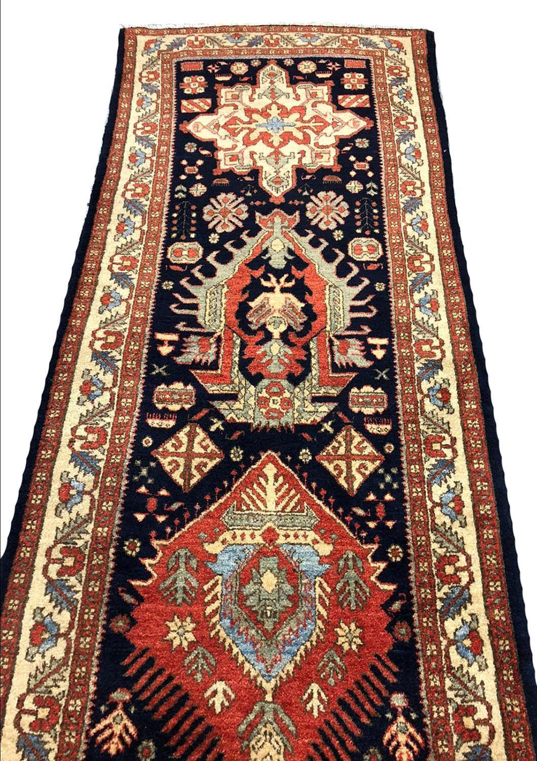 FINE PERSIAN KARAJA LONG RUNNER, 435cm x 80cm, midnight blue field. - Image 2 of 4