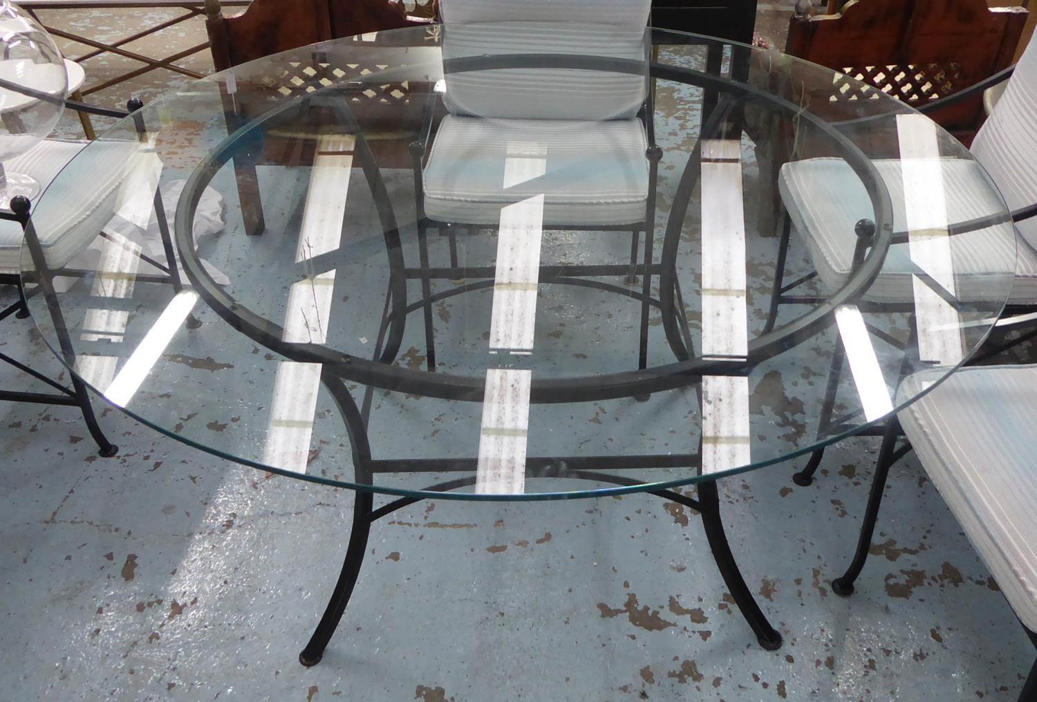 DINING TABLE, matches previous lot, black painted metal base, glass top, 153cm diam x 73cm H. - Image 2 of 3