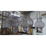 HANGING CANDLE LANTERNS, a set of six, wire work design, 82cm drop. (6)