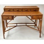 WRITING TABLE, mid 20th century bamboo and cane panelled with four surface short drawers and two