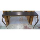 CONSOLE TABLE, contemporary worked metal, ebonised wood top, 150cm x 39cm x 88cm approx.