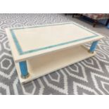 MAVILLE INTERIORS FRANCE LOW TABLE, 1970's lacquer, faux turquoise marble and brass collared with