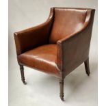 CLUB ARMCHAIR, early 19th century Regency brass studded tan brown leather with square back and
