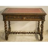 SIDE TABLE, late Victorian oak with a red leather top and a single carved frieze drawer on barley