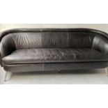 SOFA, Contemporary stitched black leather, with splayed chrome supports, 220cm W.