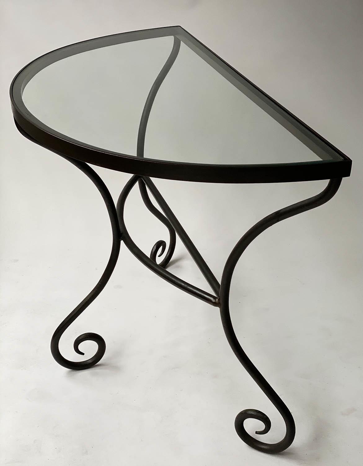CONSOLE TABLE, Spanish style, semi circular glass, on wrought iron scroll supports, 101cm x 52cm D x - Image 2 of 4