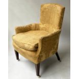 SLIPPER ARMCHAIR, Edwardian mahogany woven yellow cotton upholstery and tapering front supports,