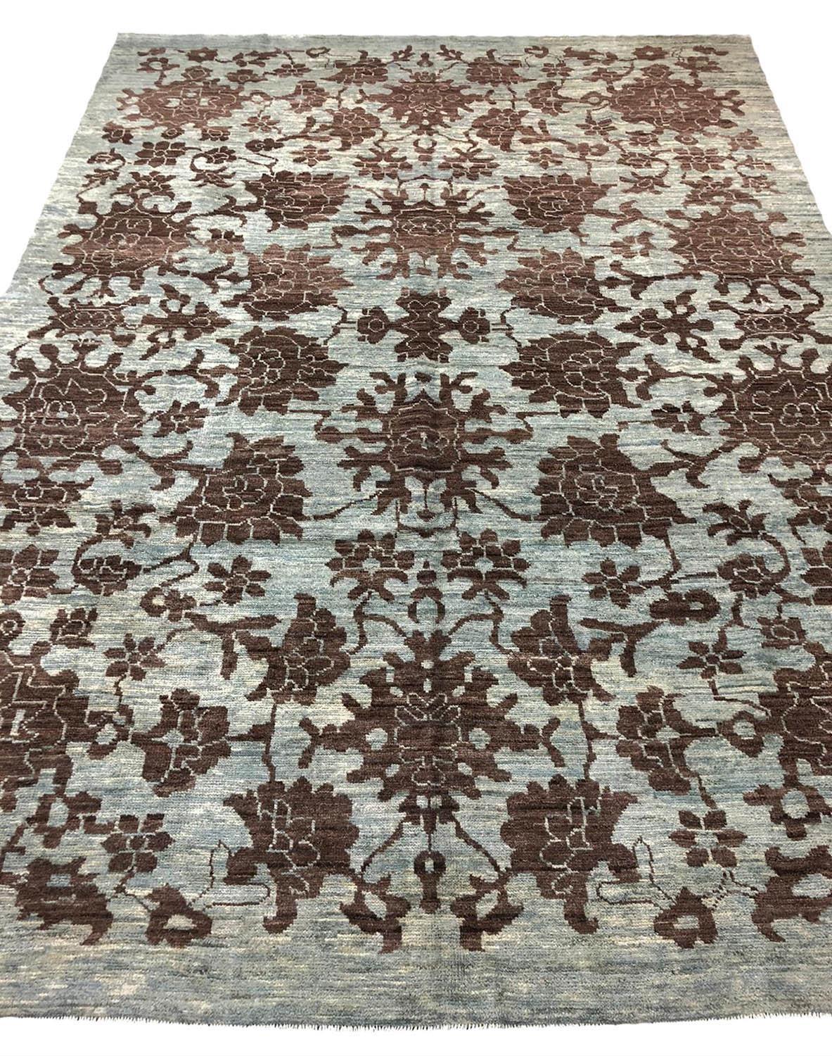 FINE BOLOU OUSHAK CARPET, 346cm x 252cm, duck egg blue field.