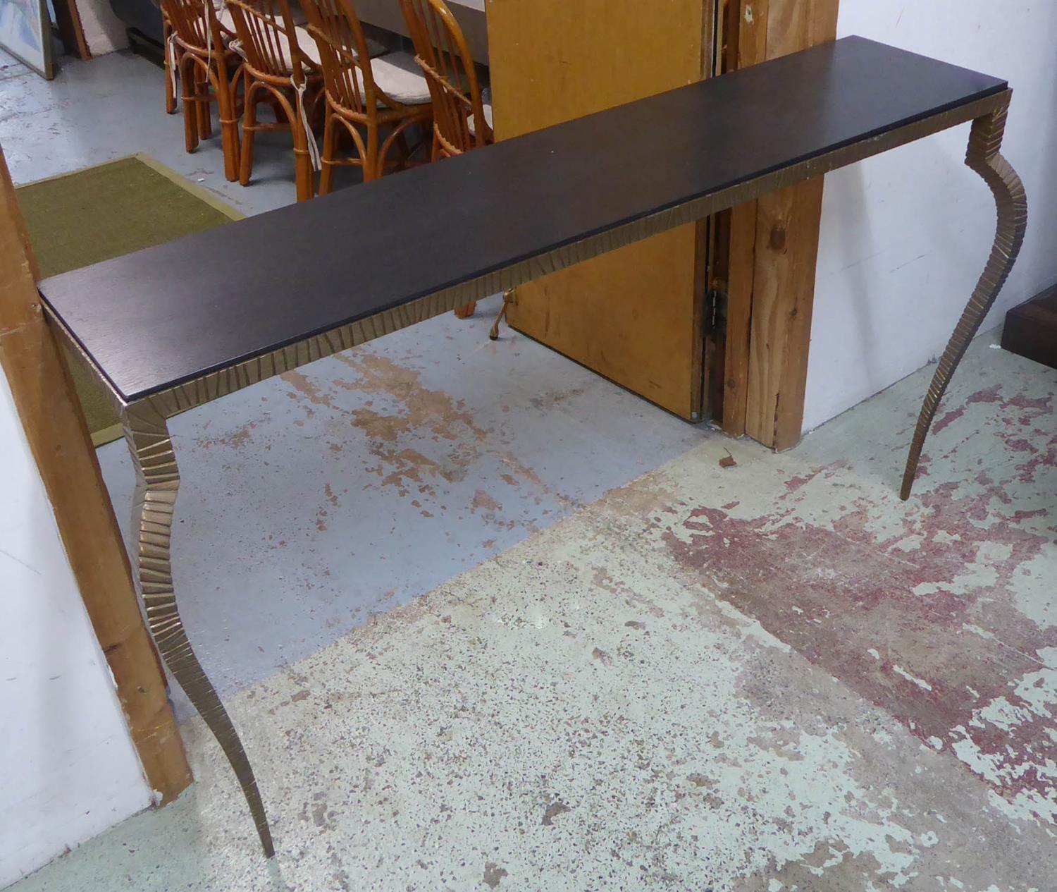 CONSOLE TABLE, contemporary worked metal, ebonised wood top, 150cm x 39cm x 88cm approx. - Image 2 of 4