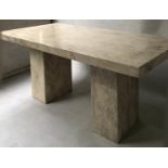 TRAVERTINE DINING TABLE, 1970's rectangular raised upon dual pillar supports, 180cm x 90cm x 76cm.