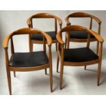 ARMCHAIRS, a set of four, mid 20th century polished hardwood and black calf leather upholstered,