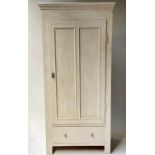 ARMOIRE, 19th century French, traditionally grey painted, with panelled door, enclosing hanging