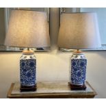 TABLE LAMPS, a pair, Chinese blue and white ceramic of square section with lotus decoration and