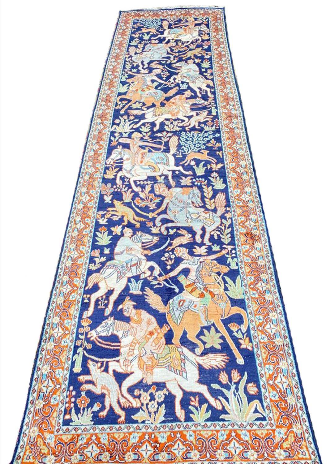 FINE PURE SILK HUNTING DESIGN RUNNER, 270cm x 75cm.