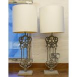 TABLE LAMPS, a pair, painted metal of rail balustrade form on wood bases, 97cm H including