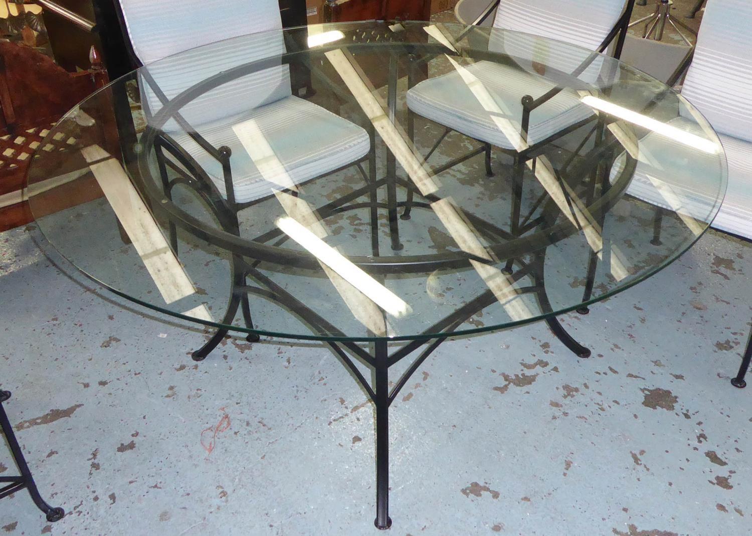 DINING TABLE, matches previous lot, black painted metal base, glass top, 153cm diam x 73cm H.