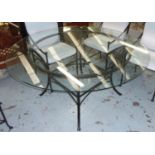 DINING TABLE, matches previous lot, black painted metal base, glass top, 153cm diam x 73cm H.