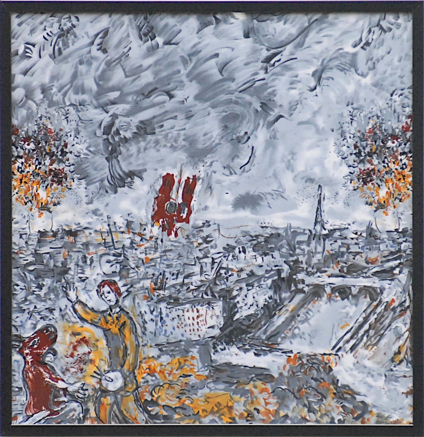 AFTER MARC CHAGALL 'Artist and Notre Dame', large silk scarf, 85cm x 85cm, framed and glazed.