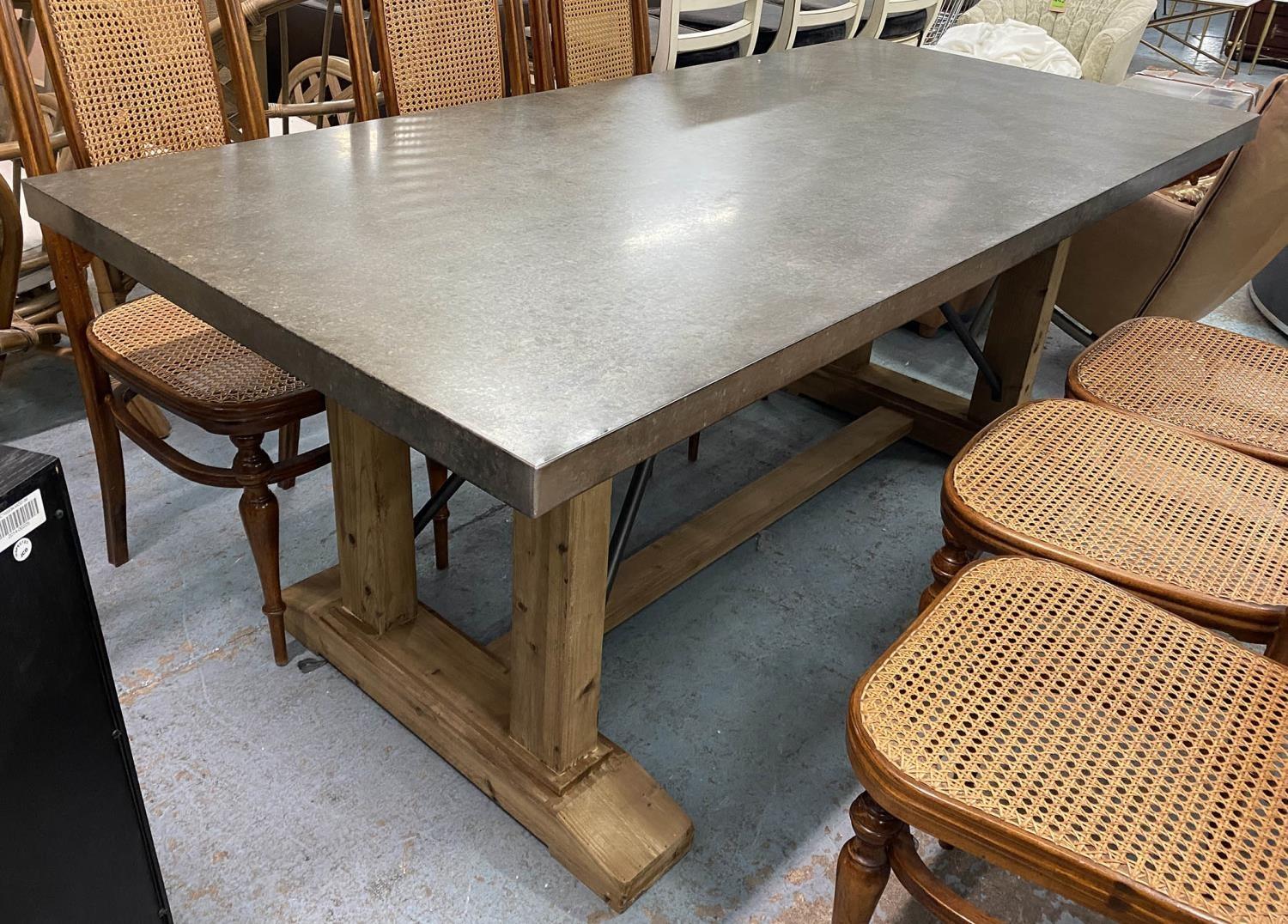 DINING TABLE, zinc top on natural wood supports joined by metal stretchers, 189cm x 89cm x 76cm.
