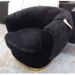 TUB CHAIR, in black velvet with a polished brass base, 96cm x 71cm H.