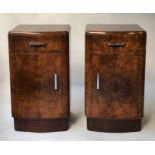 ART DECO BEDSIDE CABINETS, a pair, burr walnut and silvered metal, each with drawer and cupboard,