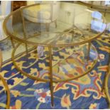 DISPLAY TABLES, a pair, the circular glass tops with under tier with gilt, metal frames, 100cm W x