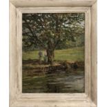 S. LITTLE (early 20th Century) 'Figures at a Riverside', oil on board, 25 x 19 cm, framed.