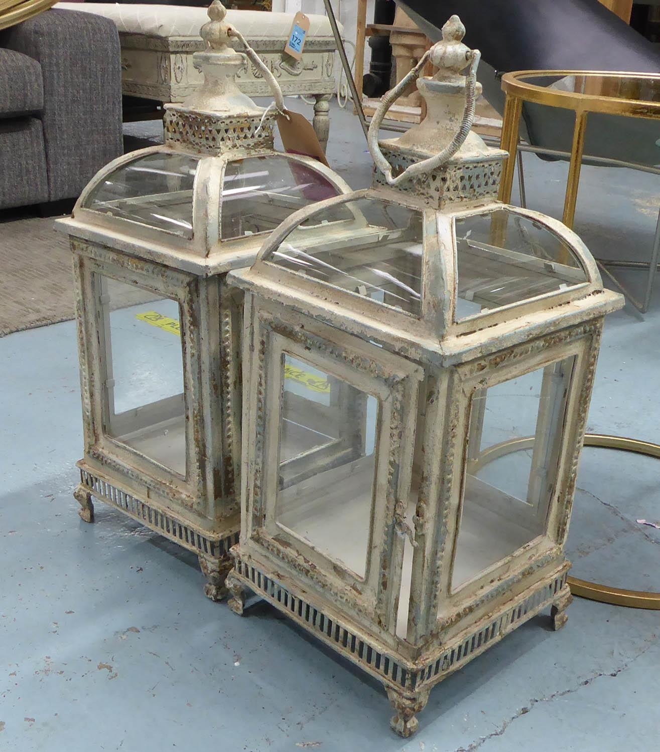 LANTERNS, a pair, distressed finish, 68cm H. (2)