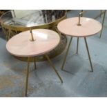 SIDE TABLES, a pair, vintage style, stone tops, with carry handle design, 51cm x 36cm diam. (2)