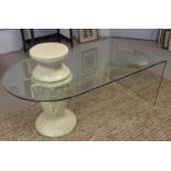 LOW TABLE, curved glass form with single composite pedestal support, 120cm L x 165cm x 66cm H.
