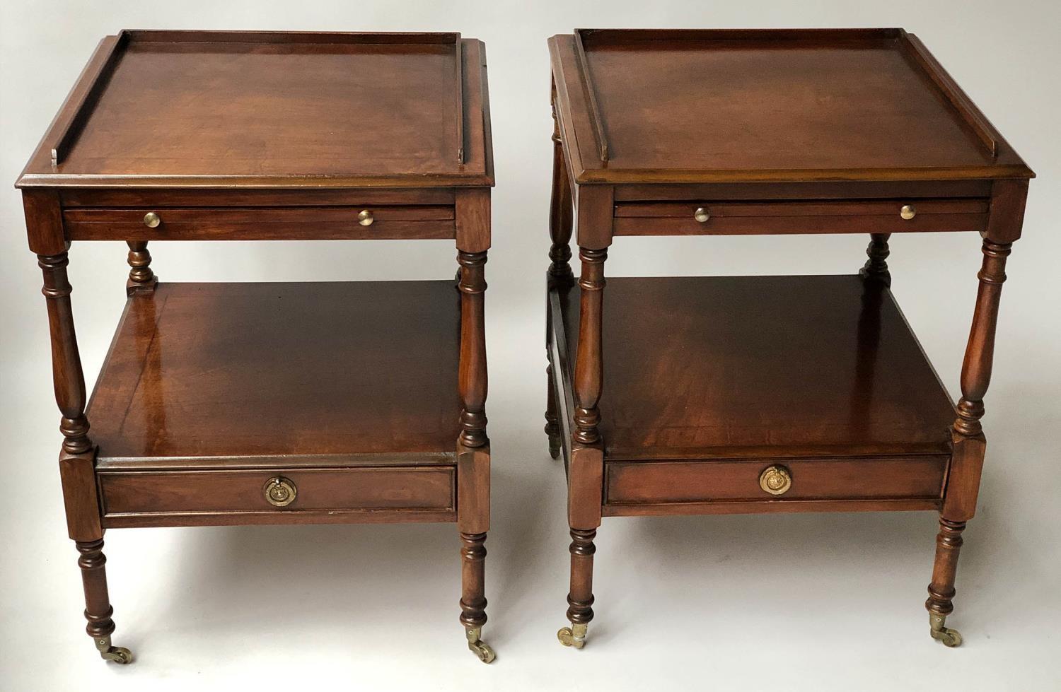 LAMP TABLES, a pair, George III design figured mahogany each with 3/4 gallery, brushing slide and