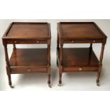 LAMP TABLES, a pair, George III design figured mahogany each with 3/4 gallery, brushing slide and