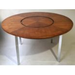 MERROW ASSOCIATES CIRCULAR DINING TABLE, teak with integral lazy Susan on steel supports, 73cm H