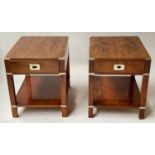 LAMP TABLES, a pair, campaign style yewwood and brass bound, each rectangular with drawer and