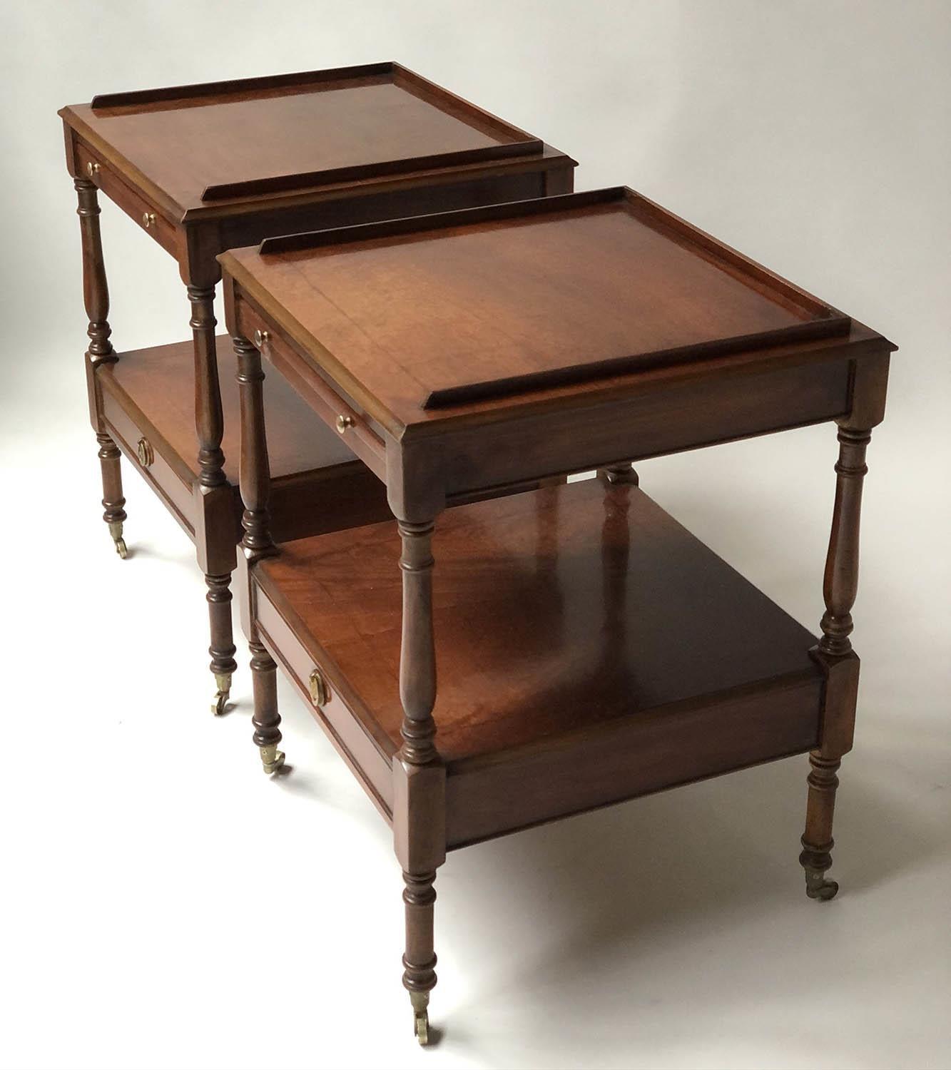 LAMP TABLES, a pair, George III design figured mahogany each with 3/4 gallery, brushing slide and - Image 2 of 6