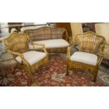 CONSERVATORY SUITE, bamboo comprising a sofa 132cm W and pair of armchairs with ticking seat