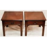 BEDSIDE TABLES, a pair, Georgian design mahogany with single drawers on chamfered supports, 47cm H x