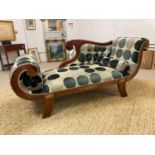 CHAISE LONGUE, Regency design teak, with carved scroll ends and contemporary dot upholstery, 85cmH x