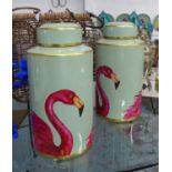 FLAMINGO JARS, a pair, with covers, 41cm H. (2)