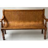 WAITING ROOM BENCH, Victorian birch, mahogany and bentwood with Gothic pierced tracery and turned
