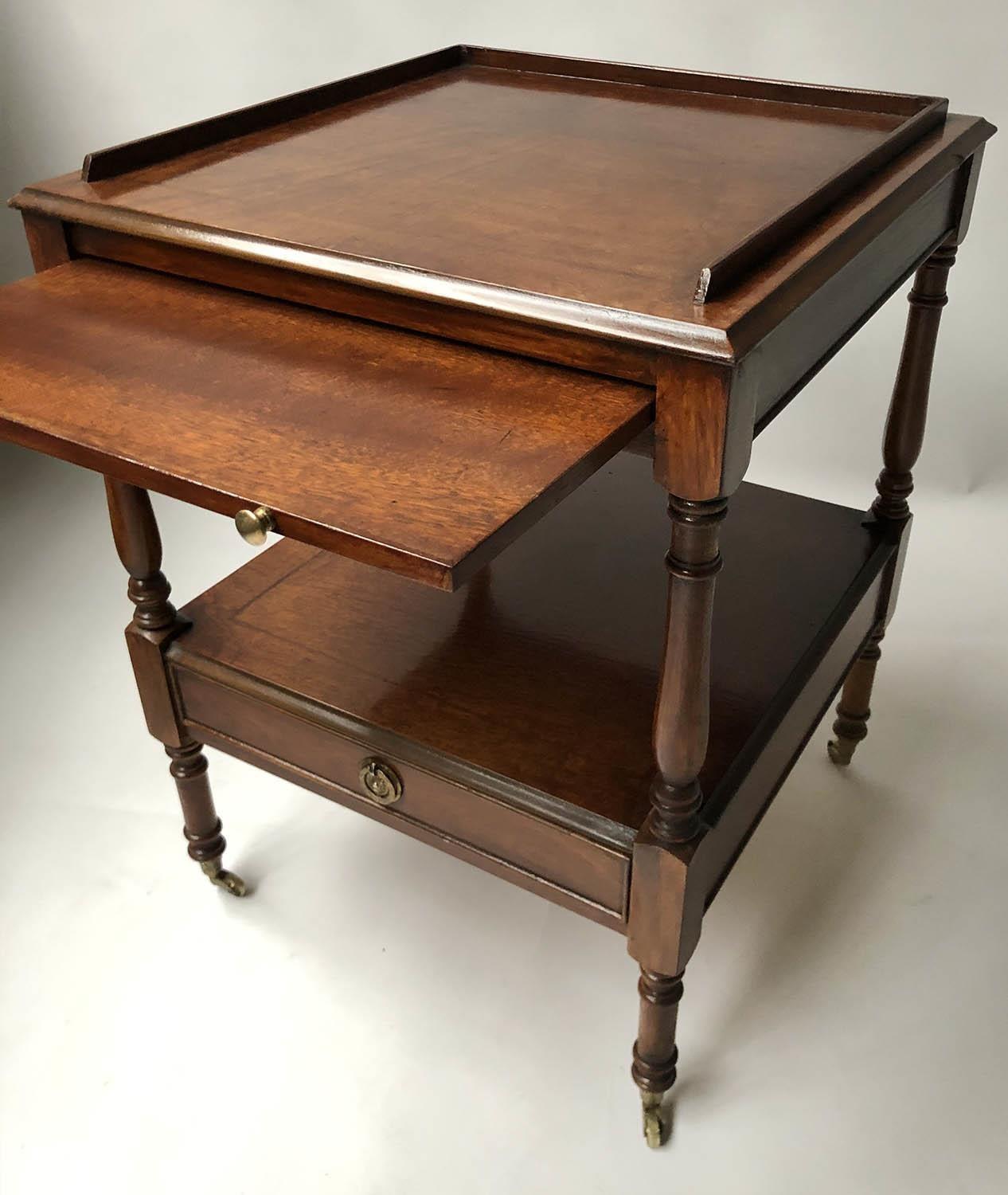 LAMP TABLES, a pair, George III design figured mahogany each with 3/4 gallery, brushing slide and - Image 5 of 6