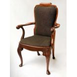 LIBRARY ARMCHAIR, Queen Anne design burr walnut with splat back and carved cabriole supports, 64cm