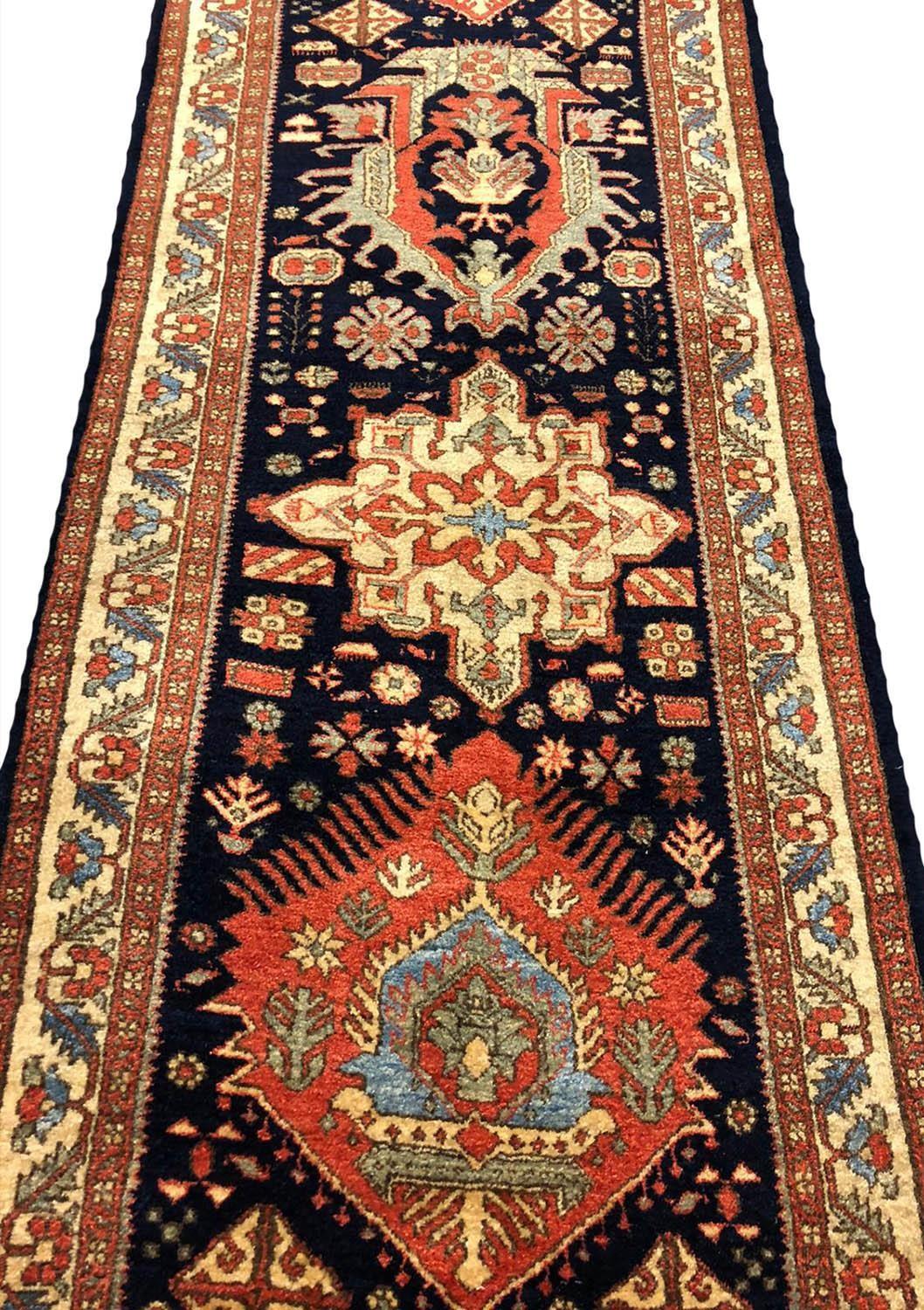 FINE PERSIAN KARAJA LONG RUNNER, 435cm x 80cm, midnight blue field. - Image 3 of 4