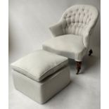 SLIPPER ARMCHAIR, Victorian walnut, with deep button upholstered parchment white cotton, 50cm x 50cm