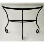 CONSOLE TABLE, Spanish style, semi circular glass, on wrought iron scroll supports, 101cm x 52cm D x