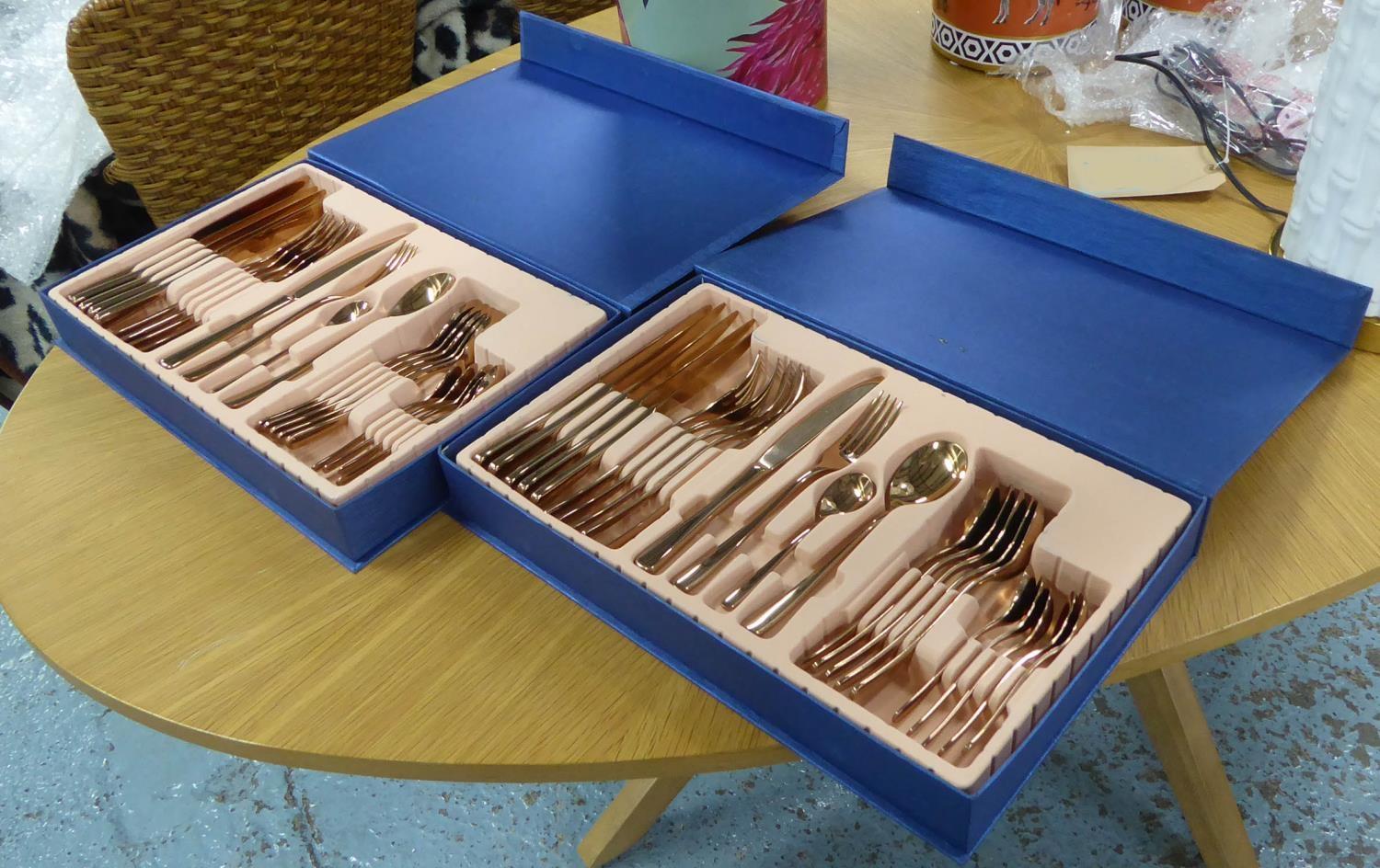 CUTLERY SETS, a pair, boxed, coppered finish, 42cm x 27cm x 6cm. (2)